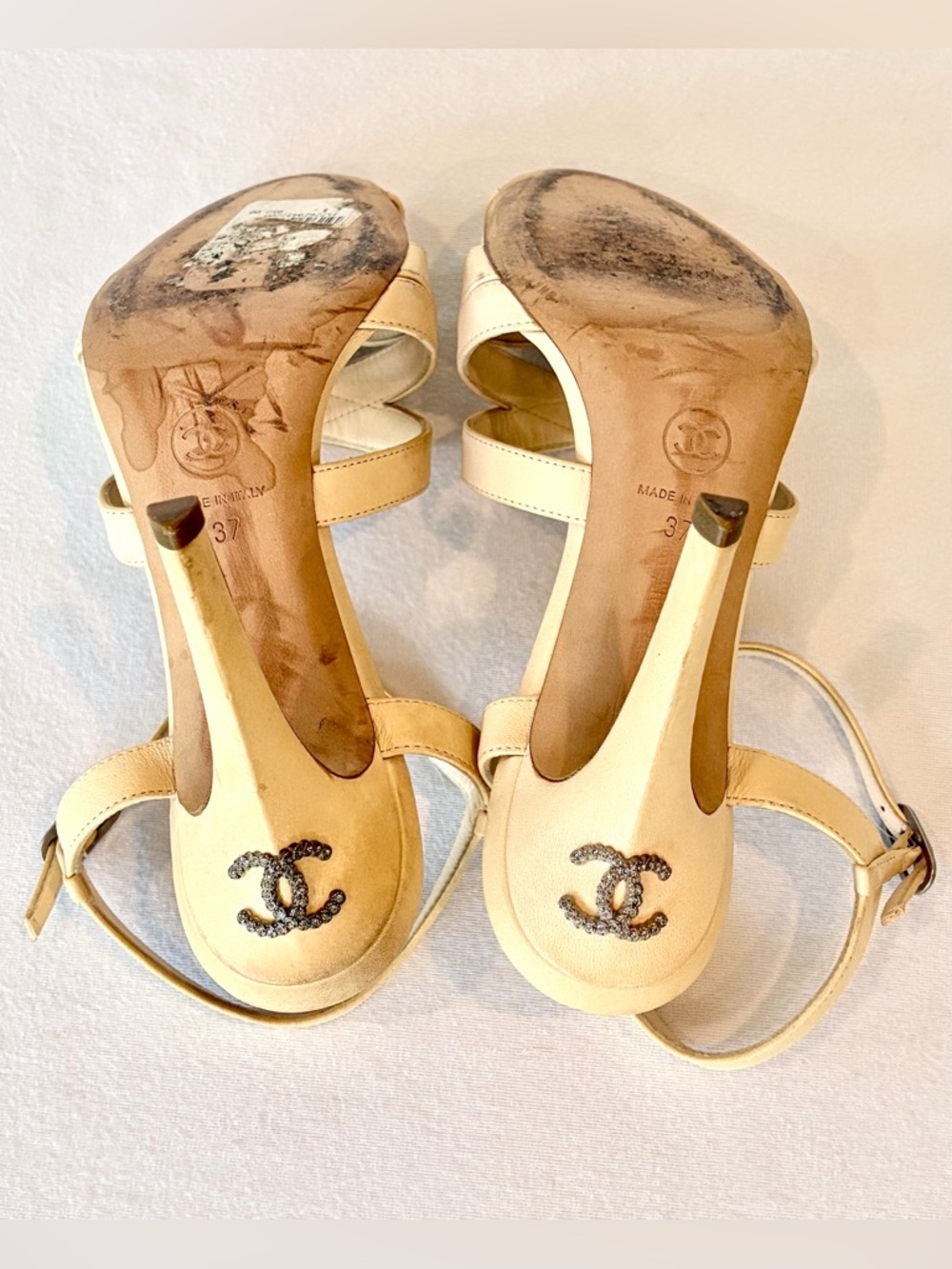 CHANEL Leather Strappy heels, Interlocking Strass CCs,quilted int, nude, 37, GUC - Picture 4 of 14